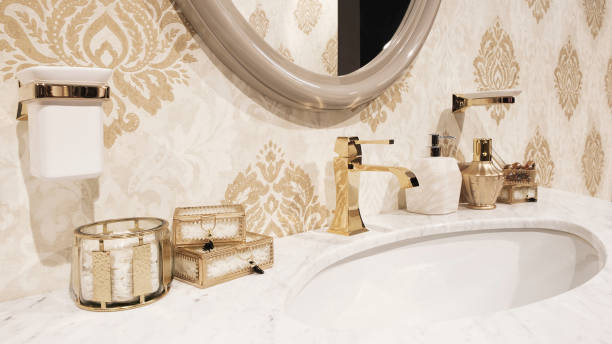 istock Retro classical style Bathroom interior with sink and golden
 faucet 1483629134