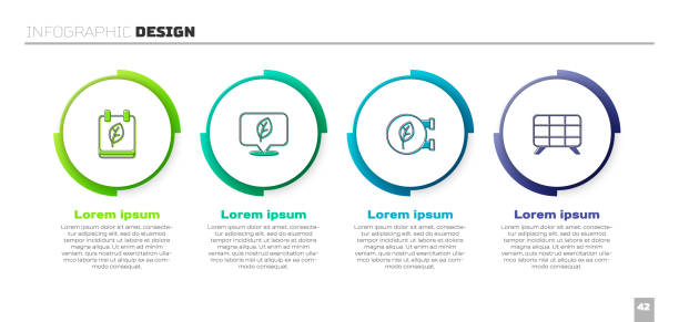 ilustrações, clipart, desenhos animados e ícones de defina o calendário com folhas de outono, folha de localização, eco shop e painel de energia solar. modelo de infográfico de negócios. vetor - alternative energy data fuel and power generation light bulb