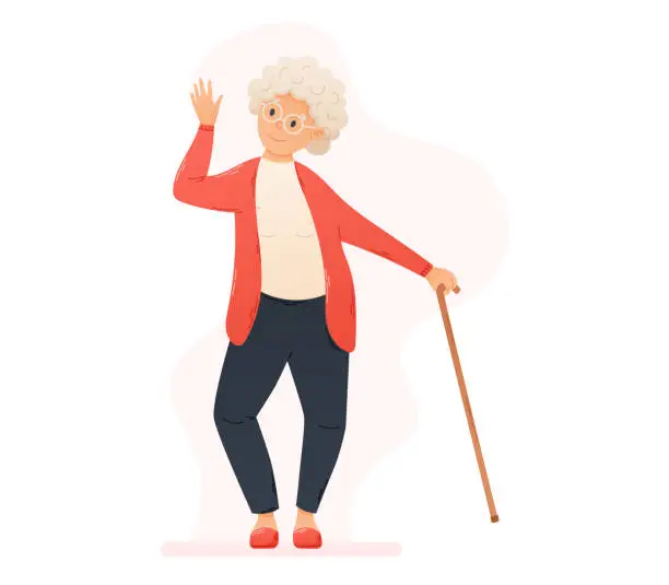 Vector illustration of Funny cheerful Dancing or Waving old woman with a cane. Vector isolated flat illustration of Pensioner grandmother.
