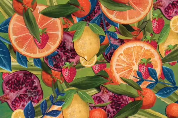 Vector illustration of Oranges, pomegranate and lemons pattern