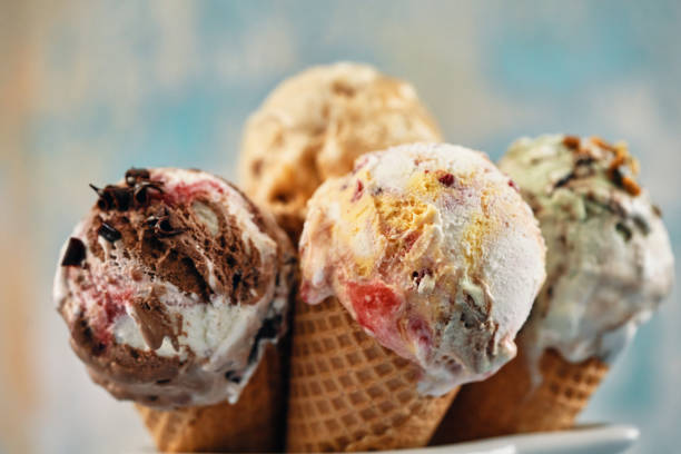 istock Pistachio, Chocolate, Strawberry and Vanilla Ice Cream in a Cone 1483632932