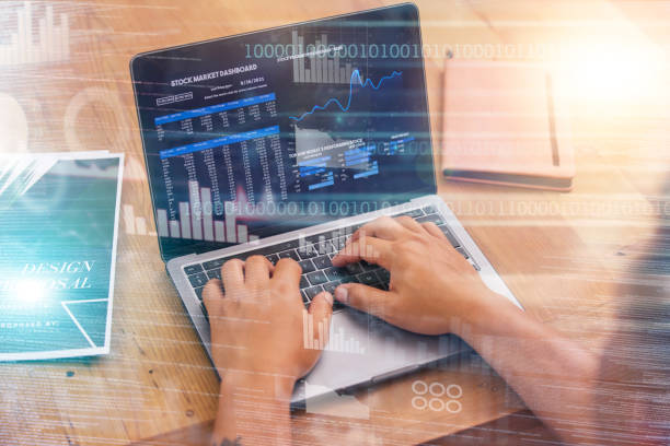 istock Ux design, laptop and hands developer with overlay in data, crypto trading and futuristic analysis in blockchain technology. Future, cryptocurrency and cybersecurity, innovation in stock investment. 1483636725