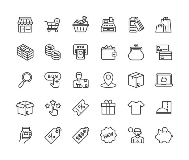온라인 쇼핑 라인 아이콘. 완벽한 픽셀. 편집 가능한 획. - symbol retail computer icon shopping bag stock illustrations