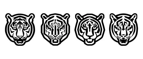 Vector illustration of Set of tiger heads with open mouth and bared fangs, with different angry expressions of the muzzle. Symbols for tattoo, emblem or logo, isolated on a white background.
