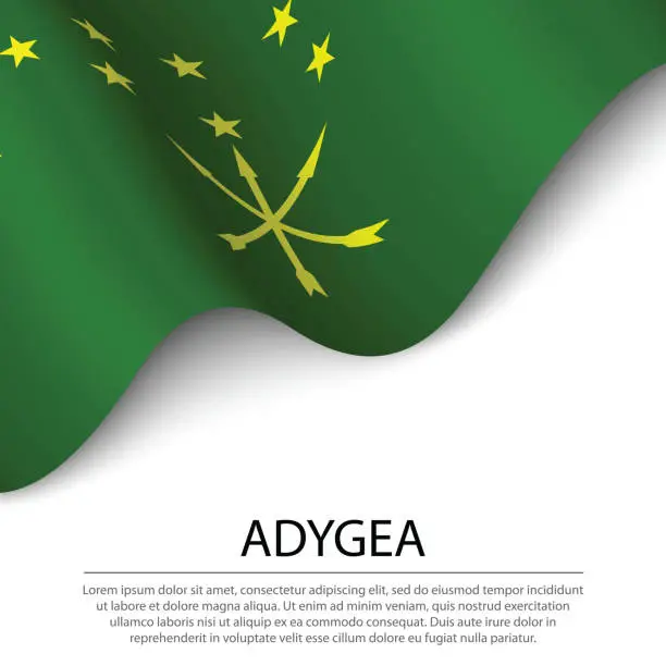 Vector illustration of Waving flag of Adygea is a region of Russia on white background.