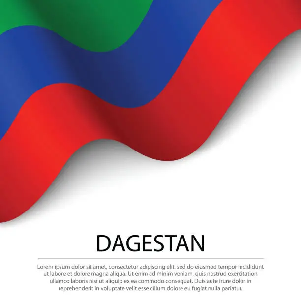 Vector illustration of Waving flag of Dagestan is a region of Russia on white background.
