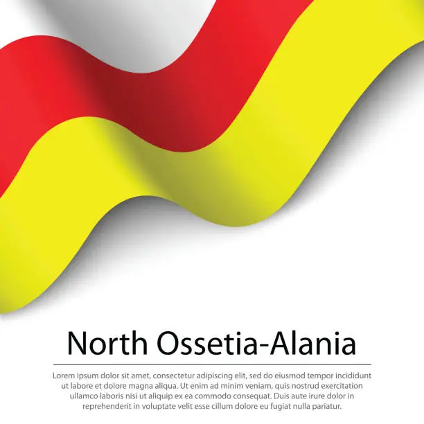 Vector illustration of Waving flag of North Ossetia-Alania is a region of Russia on white background.
