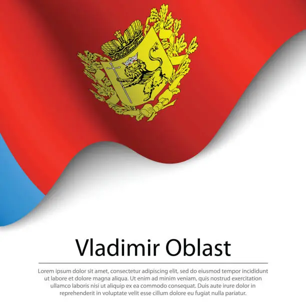 Vector illustration of Waving flag of Vladimir Oblast is a region of Russia on white background.