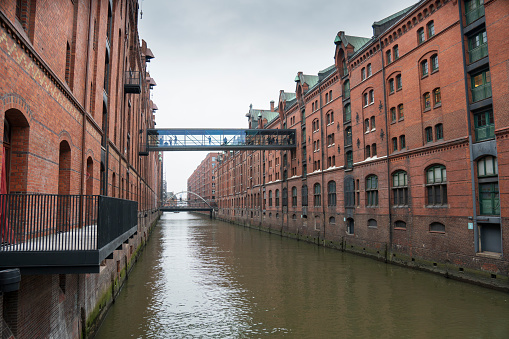 Hamburg Germany on December 4, 2022: famous old Speicherstadt in Hamburg with the international maritime museum, an old brick buildings