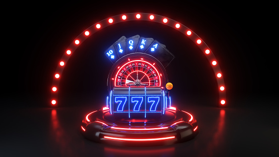 Casino Gambling Concept, Royal Flash Poker Cards With Red Neon Lights & Futuristic Round Pedestal With Neon Lights - 3D Illustration