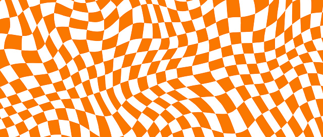 Trippy checkerboard background. Orange retro psychedelic checkered wallpaper. Wavy groovy chessboard surface. Distorted and twisted geometric pattern. Abstract vector backdrop