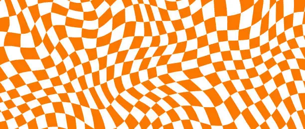 Vector illustration of Trippy checkerboard background. Orange retro psychedelic checkered wallpaper. Wavy groovy chessboard surface. Distorted and twisted geometric pattern. Abstract vector backdrop