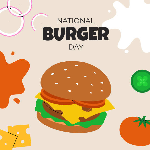 내셔널 버거의 날 - hamburger bun barbecue sign stock illustrations