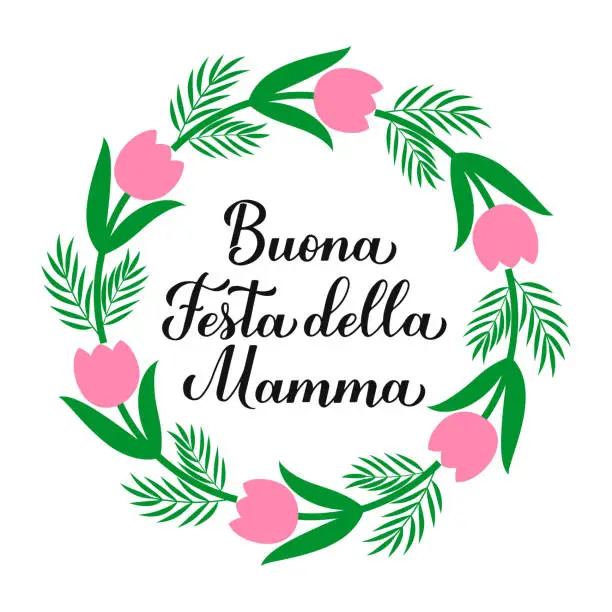 Vector illustration of Buona festa della Mamma calligraphy hand lettering. Happy Mothers Day in Italian. Wreath of leaves, branches and flowers. Vector template for typography poster, greeting card, banner, etc