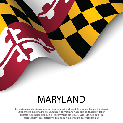 Waving flag of Maryland is a state of USA on white background. Banner or ribbon vector template