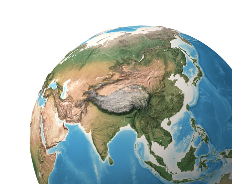 High resolution satellite view of Planet Earth, focused on Asia, Russia, China, India, Himalaya - 3D illustration (Blender software), elements of this image furnished by NASA (https://eoimages.gsfc.nasa.gov/images/imagerecords/147000/147190/eo_base_2020_clean_3600x1800.png)