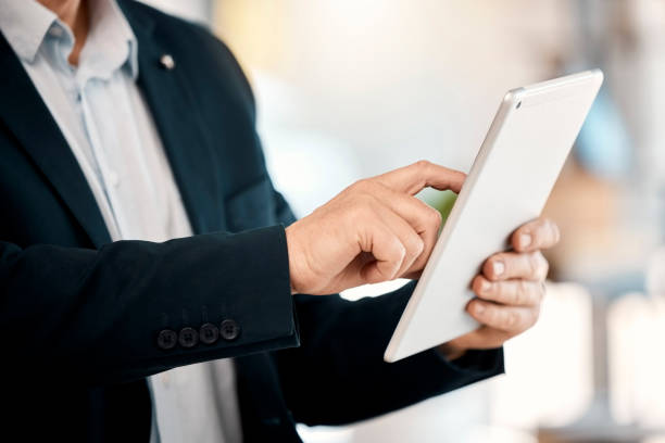 istock Connection, hands and businessman with a tablet for an email, typing communication and internet. Working, digital and corporate employee with technology for the web, contact and online networking 1483650191