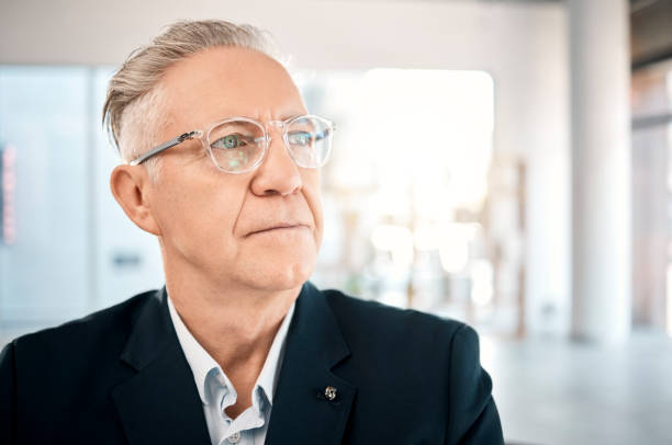 istock Senior businessman, thinking and vision for corporate idea, strategy or wondering about project plan at the office. Elderly male manager or CEO contemplating company finance, mindset or mission 1483650201