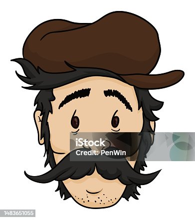 istock Face of adult worker man with long mustache, black hair and cap, Vector illustration 1483651055