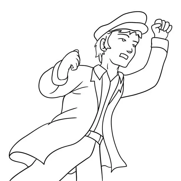 Vector illustration of Young man with trenchcoat, beret and raised fist protesting in outlines, Vector illustration