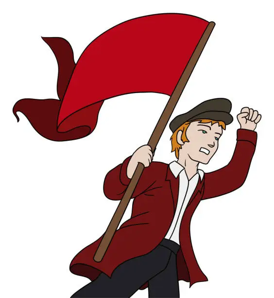 Vector illustration of Blond man protesting with raised fist and red flag, Vector illustration