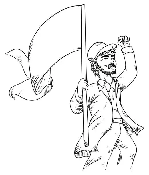 Vector illustration of Drawing of protesting man with mustache, trench coat, cap and holding a fabric, Vector illustration