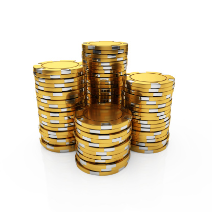 3d illustration of golden casino chips isolated on the white background