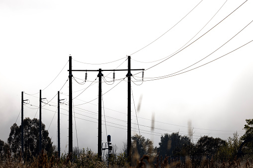 Line of electricity poles in country, background with copy space, full frame horizontal composition