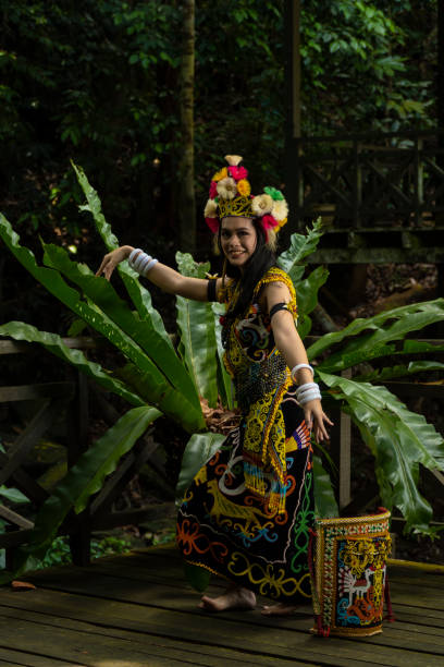 uma senhora de bornéu mostrando a beleza de sua cultura através de suas deslumbrantes roupas tradicionais - iban tribe - fotografias e filmes do acervo