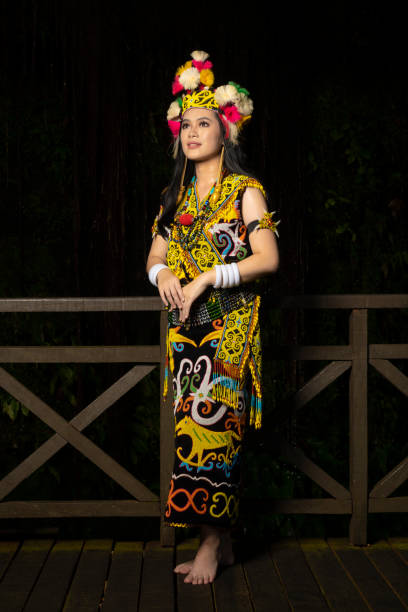 uma senhora de bornéu mostrando a beleza de sua cultura através de suas deslumbrantes roupas tradicionais - iban tribe - fotografias e filmes do acervo