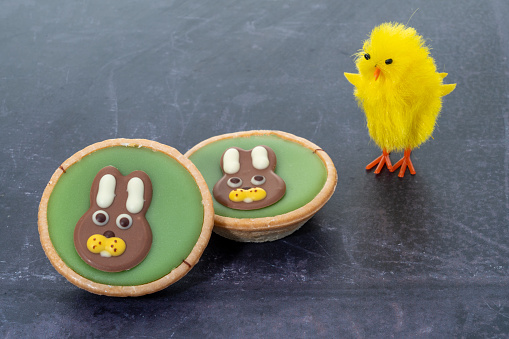 Easter cakes with a chocolate bunny and a chick