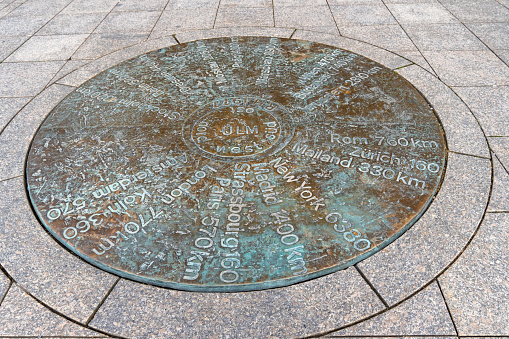 Ulm, Germany, April 2023: Floor Plate indicating the distance to different towns in the world