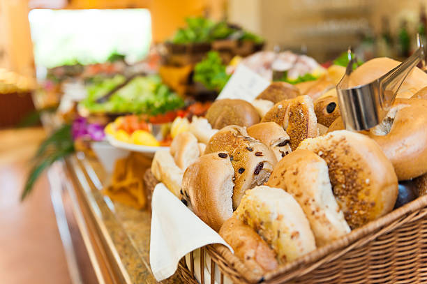 Basket of bagels in a lunch buffet.