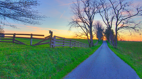Country Road at sunrise with fence- Near Richmond, Kentucky