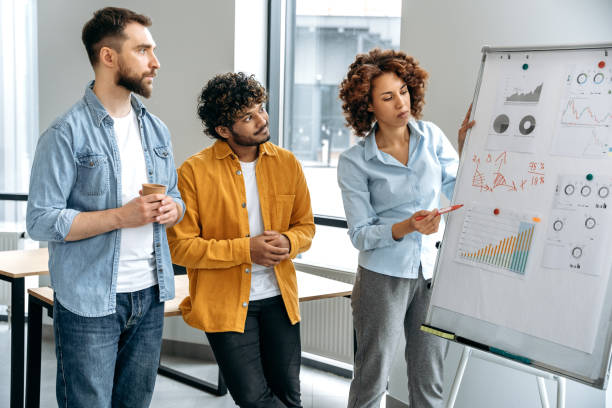 istock A group of successful young creative colleagues are working together on a new project, standing near a white marker board with graphs in the office, predicting income, analyzing risks, setting goals 1483667293