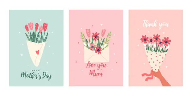 Vector illustration of Happy Mother's  Day. Collection of beautiful greeting cards with a bouquet of flowers and envelope with flowers. Festive vector illustration for the celebration of Mother's  Day. Design templates for a banner, poster.