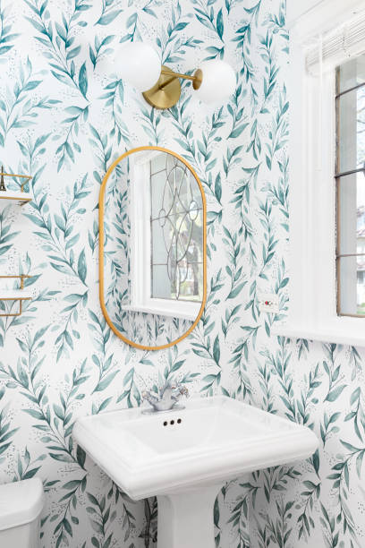 istock A bathroom detail with a floral pattern wallpaper. 1483671111