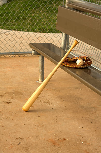 de baseball bat et gant dans le banc de touche - dugout baseball bench bat photos et images de collection