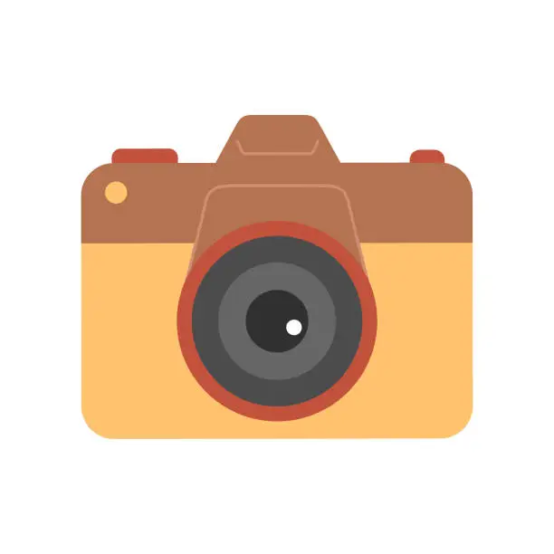 Vector illustration of Photo camera with lens and buttons isolated in white background. Colorful digital device. Vector flat illustration in simple style