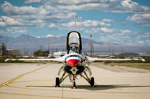 Ridgecrest, CA USA Feb 15, 2023: Naval Plane parked out front of China Lake Museum