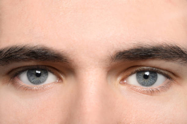 istock Closeup view of young man with beautiful grey eyes 1483695217