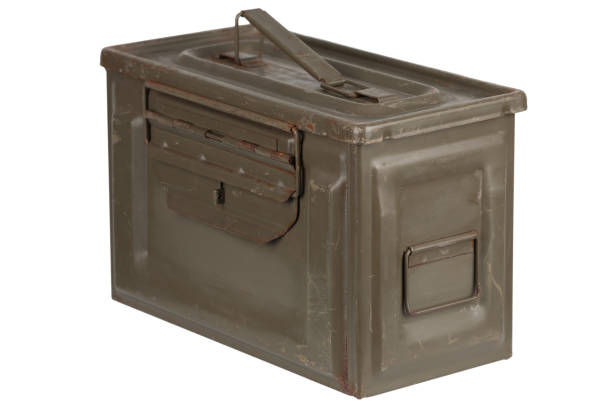 US army green metal .50 cal ammo box on white.
