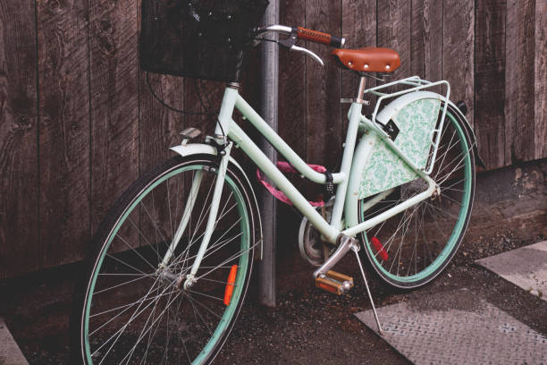 istock Mint green retro bicycle parked against rustic dark wood wall 1483697302