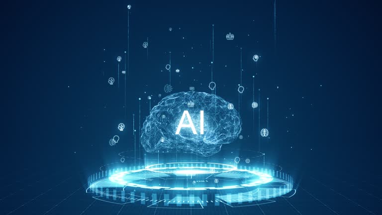 Motion graphic of Blue digital brain logo and circle futuristic HUD with Ai chatbot and machine learning technology with artificial intelligence and robot icon concepts on abstract background