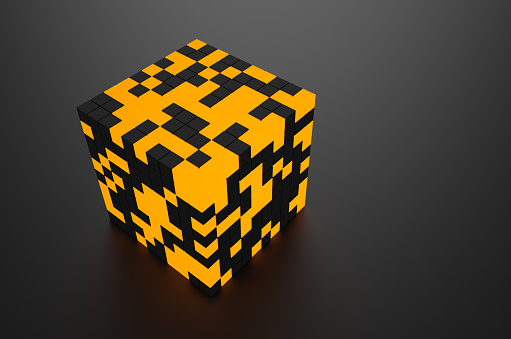 Close-up of a neon futuristic cube on a black background. 3d rendering illustration.