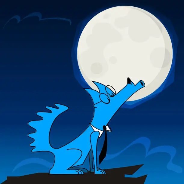 Vector illustration of a solitary business wolf howling to the full moon
