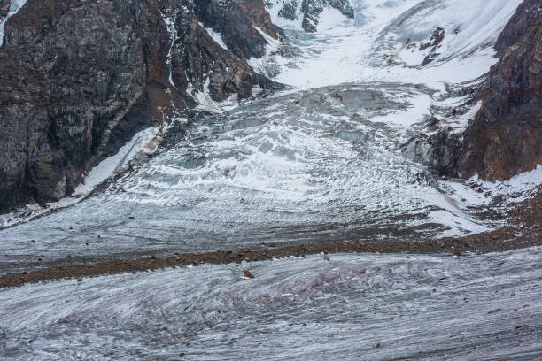 istock Beautiful glacier with icefall among rocks close-up. Nature background with large glacier tongue. Natural texture of big icefall. Atmospheric mountain landscape in high altitude. Stones on glacial ice 1483700192