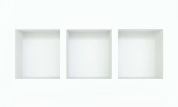 Three empty niches or shelf on white wall 3D mockup Three empty niches or shelf on white wall 3D mockup. Shop, gallery plastic or wooden showcase to present product. Blank retail storage space. Interior design furniture. Living room bookshelf alcove stock illustrations