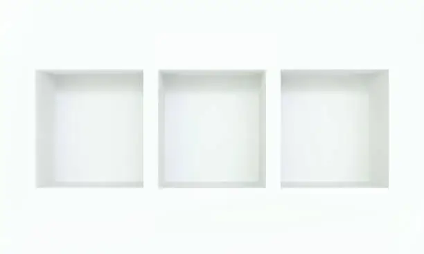 Vector illustration of Three empty niches or shelf on white wall 3D mockup