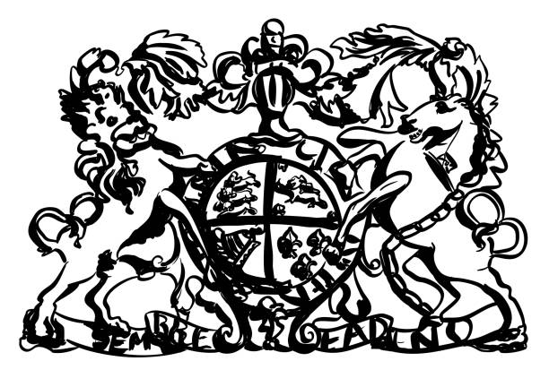 Royal Insignia Wood Carving Ink Emblem with horse, lion, knight in armour helmet and shield, various symbolism representing royalty and upper class black family crest stock illustrations